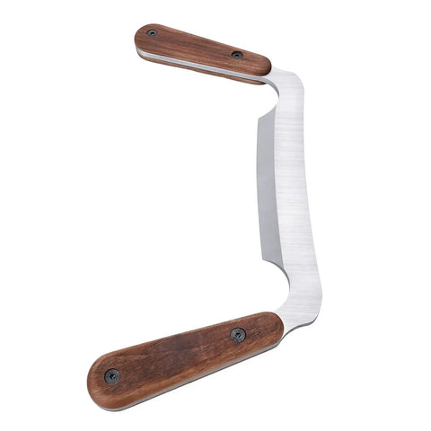 4 Inch HSS Drawknife With Twin Hickory Handles For Stripping Stubborn Bark Fast, showing sharp blade and wooden handles.