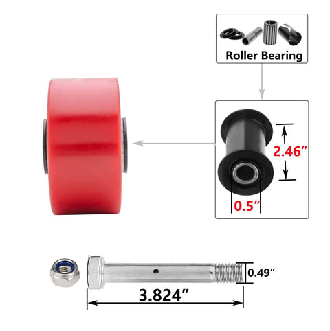 Red polyurethane wheel with roller bearing and bolt dimensions for 4x2 Inch Heavy Duty Swivel Caster with 800 lb load capacity.