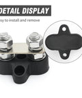 Close-up of Heavy Duty 2 Piece 5 16 Dual Stud Battery Distribution Block 12 Volt 200 Amp Positive Negative Bus Bar showing installation details.
