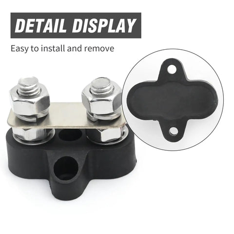 Close-up of Heavy Duty 2 Piece 5 16 Dual Stud Battery Distribution Block 12 Volt 200 Amp Positive Negative Bus Bar showing installation details.