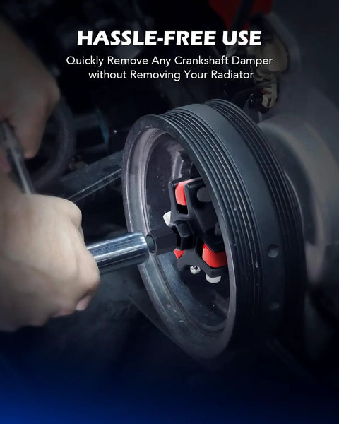 Harmonic Balancer Puller Kit With Adjustable Three Jaw Puller for quick no fuss removal of harmonic dampers in use on engine.