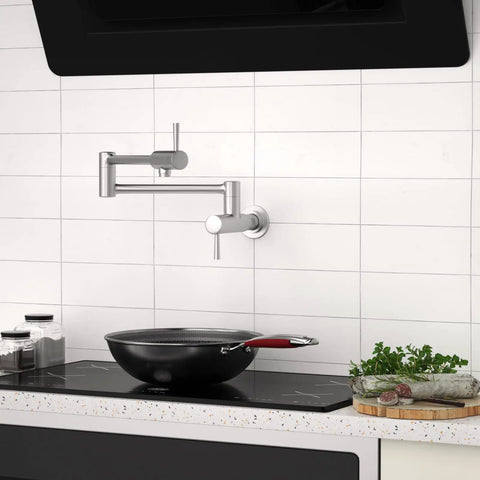 Brushed Stainless Pot Filler Faucet Wall Mount With Stretchable Double Joint Swing Arm Two Handle Kitchen Faucet Stovetop Use