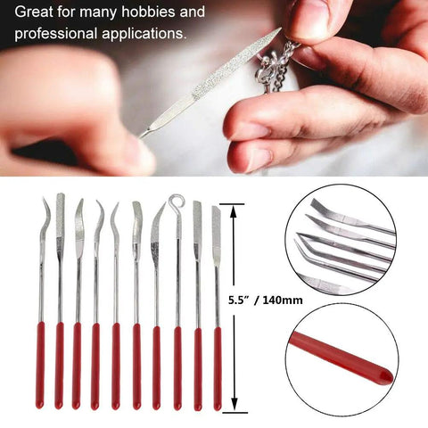 10 Pcs Assorted Mini Diamond File Set With Flat Needle Round Square Hook Rifler Files For Metalworking Jewelers Glass Wood Carving And Craft Projects For DIYers Pro Grade Durable Diamond Coated Tips 140mm Length showing detailed view.