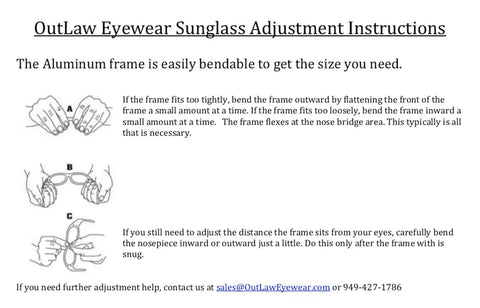 Instruction sheet for adjusting the aluminum frame of sunglasses with illustrations showing bending techniques for better fit.