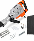 1700W Electric Jackhammer Concrete Breaker With 1900 BPM Demolition Power And Complete Three Piece Chisel Set including goggles and tools.