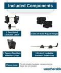 Included components of Heavy Duty Double Gate Hardware Kit For Outdoor Vinyl Fences including latches, hinges, and drop rod.