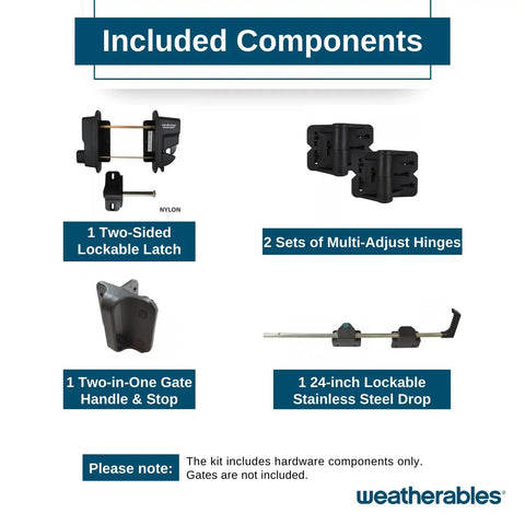 Included components of Heavy Duty Double Gate Hardware Kit For Outdoor Vinyl Fences including latches, hinges, and drop rod.