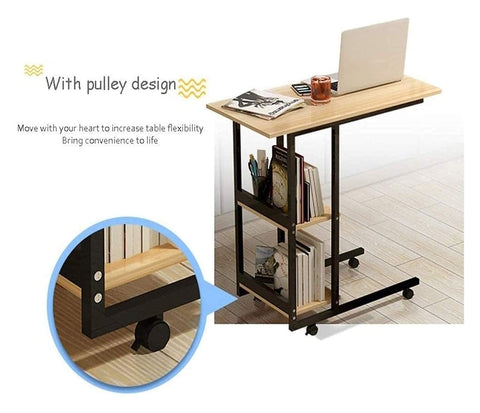 C Shaped Bedside Table With Heavy Duty Wheels And Locks Height Adjustable Laptop Workstation Sofa Snack Tray Overbed Cart with pulley design.