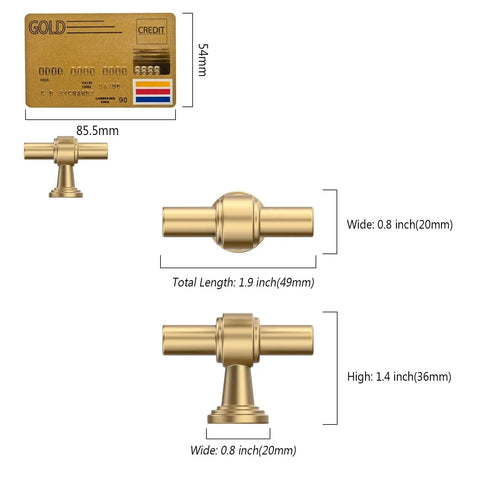 10 Pack Champagne Bronze Cabinet Knobs, 1.46 Inch 37mm Single Hole Rectangle Drawer Pulls For Bathroom Cabinets, Dresser Knobs And Handles, Solid Zinc Alloy, Easy Install, Durable Hardware ZH0069, gold T-bar knob dimension chart