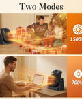 All In One Heater And Fan Combo Portable Space Heater Desk Fan Air Circulator With 45 Degree Tilt Dual Heat Settings 1500W And 750W Overheat Protection For Home Office Black showcasing 1500W and 700W modes in living room and home office.