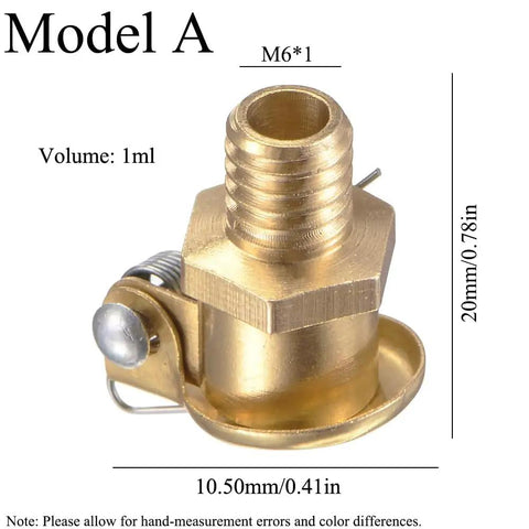 Model A brass oiler with M6x1 thread, 1ml capacity, 20mm height, used as 4 Pack Brass Spring Grease Oil Cup Cap L Shaped Oil Container Oiler For Lathe Machine Power Accessories M6x1 Thread Durable Rust Resistant Pro Grade Heavy Duty Ideal For Industrial Maintenance And Precision Machining.