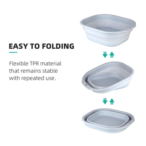 Collapsible Wash Basin Set 5L Foldable Dish Tub With Small And Medium Portable Sink Built For Kitchen And Camping RV Laundry And Baby Bottles BPA Free Plastic Gray in folded position.