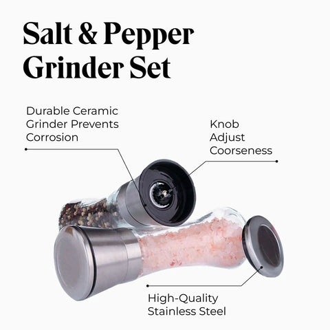 Must-Have Salt and Pepper Grinder Set With Stand, Glass Body Grinders With Stainless Steel Caps, Ceramic Burrs, Adjustable Coarseness