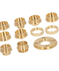 Hella Slick 11 Piece Brass Router Guide Kit With Precision Template Set And Easy Adjust Lock Nut Adapter with brass components.