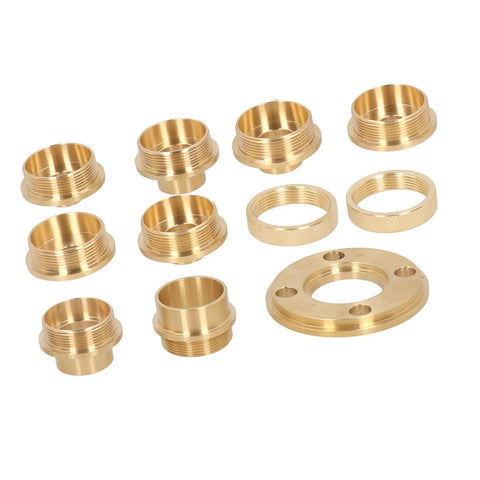 Hella Slick 11 Piece Brass Router Guide Kit With Precision Template Set And Easy Adjust Lock Nut Adapter with brass components.