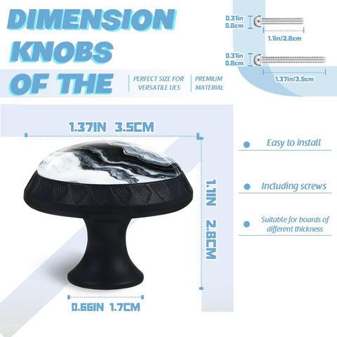Slick Mushroom Cabinet Knobs With Fresh Black And White Abstract Marble Design crafted from premium crystal glass, dimensions shown.