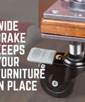 Swivel Caster Wheels For Three Quarter Inch Pipe Four Pack With Locking Mechanism installed on table leg, durable metal and rubber
