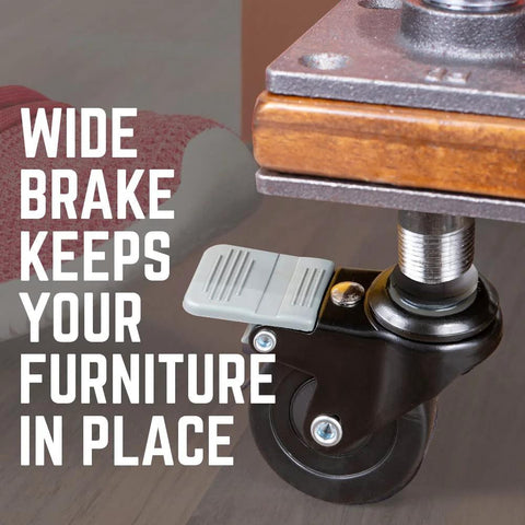 Swivel Caster Wheels For Three Quarter Inch Pipe Four Pack With Locking Mechanism installed on table leg, durable metal and rubber