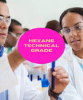 Two scientists in a lab discuss Hexane Technical Grade Solvent For Industrial Use, with focus on a pink sign.