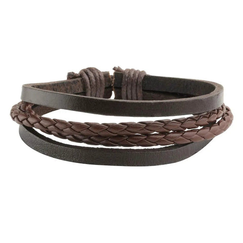 Dope Vintage Punk Wrap Bracelet Set Of Six Braided Faux Leather Cuffs For Men And Women Adjustable brown braided faux leather cuff displayed.