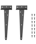 Hella Sturdy Heavy Duty T Shaped Black Iron Barn Door Hardware Kits Built Tight For Rustic Kitchen Cabinets Secure Wardrobes And Patio Gate Brackets Pair with screws, showing T-hinges.