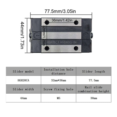 Top Notch High Precision Linear Guide Rail Kit With Two Steel Bearing Slider Blocks For HGR15 And HGR20 Smooth Low Friction 3D Printing And CNC Machine Tool Performance Right Out Of The Box. HGH20CA slider block, 77.5mm x 44mm, steel