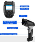 Portable 1D Wireless Barcode Scanner With 2.0 Inch LCD Screen And 2.4G Wireless Dongle Built In Charging Stand Perfect For Warehouse Inventory Express Library Pharmacy And Supermarket Scanning showing HD screen and ergonomic design.