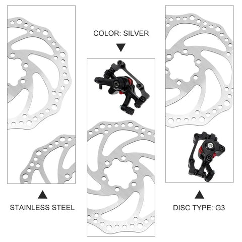 Premium Aluminum Mechanical Disc Brake Kit For Mountain Bikes With Dual Knob Calipers And Full Front Rear Rotor Set showing silver stainless steel rotors and G3 calipers.