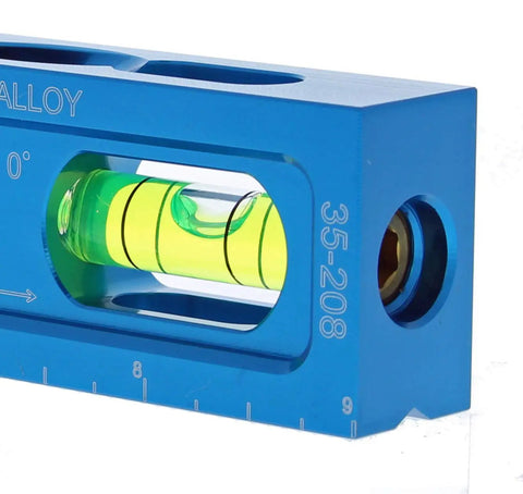 Close-up of Electrician Level With CNC Machined Aluminum Body Five Acrylic Vials Magnetic Jaw For Tight Spaces And Conduit Installations