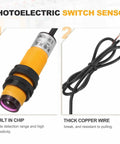 Close-up of Through Beam Photoelectric Sensor Kit Two Pack 5 Meter Detection 10 To 30V DC M18 Housing showing built-in chip and wire
