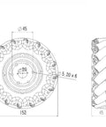 Technical drawing of Beefy 152mm Omni Mecanum Wheel Kit with detailed dimensions for robotic carts.