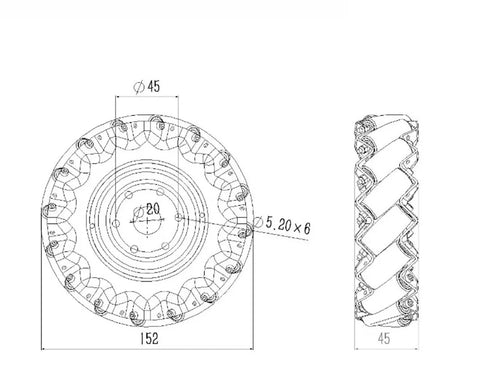 Technical drawing of Beefy 100Kg 152mm Omni Mecanum Wheel Set, showing dimensions and design details for robotic drive.