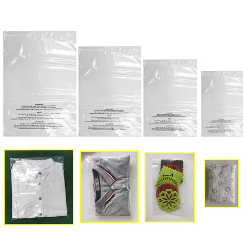 400 Count Combo Pack Self Seal Clear Poly Bags With Suffocation Warning shown in various sizes with packed items.