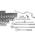 Rugged 1/2 Inch Drive Socket Wrench Set SAE Standard 40 Piece Chrome Finish Deep And Standard Sockets 3/8 To 1/2 Inch Shop Ready Mechanics Garage Workhorse Tool Kit arranged with various chrome sockets and handles.