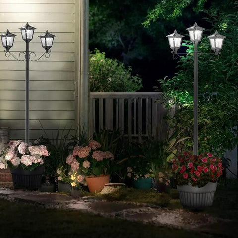 72 Inch Solar Lamp Post Lights Triple Head Outdoor Post Light For Garden Lawn And Planter Vintage Street Style With Easy Install And Upgraded Solar Panels Delivers 45 Lumens Total For A Bright Dope Nighttime Glow