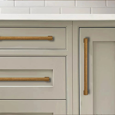 Antique Brass Cabinet Pulls 2 Pack With Three And One Quarter Inch Hole Center 82mm installed on kitchen drawers and cabinet door