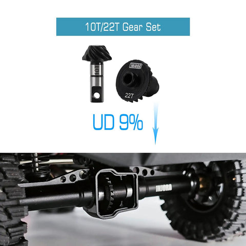 Underdrive Helical Gear Set 22T 10T For TRX4M 1:18 RC Crawler, alloy steel gears inset and axle view, demonstrating fitment.