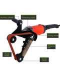 Diy Mini Belt Sander And Stainless Steel Pipe Polisher Featuring Flexible 20 And 40 Mm Strips For Zero Stress Grinding And Hella Smooth Finishes On Tight Curves Today showing driving wheel, abrasive belt and auxiliary handle.