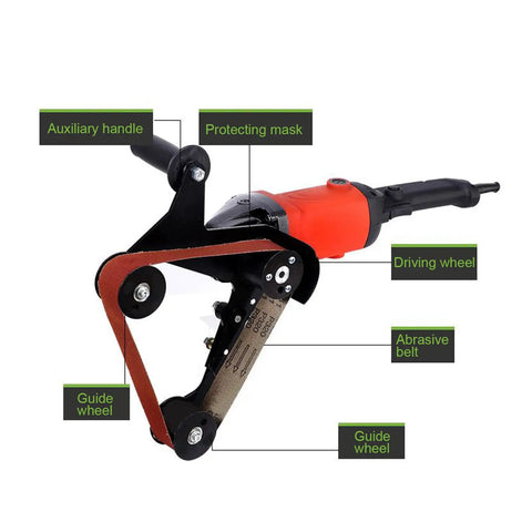 Diy Mini Belt Sander And Stainless Steel Pipe Polisher Featuring Flexible 20 And 40 Mm Strips For Zero Stress Grinding And Hella Smooth Finishes On Tight Curves Today showing driving wheel, abrasive belt and auxiliary handle.