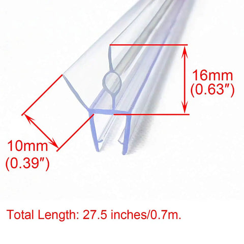 Frameless Shower Door Bottom Seal With Drip Rail For Three Eighths Inch Glass, 27.5 Inch Length, dimensions shown for installation