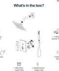 GRANDJOY 6" Wall Mount Shower System with Handheld Spray, Brushed Gold parts layout including shower head and manual.