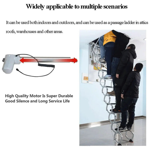 Hassle Free Heavy Duty Electric Attic Pull Down Ladder Featuring Smart Remote Operation Telescoping Folding Loft Staircase Ceiling Mount Holds Up To 1102 Pounds Smoothly with users climbing to attic.