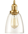 Gold Pendant Lights For Kitchen Island Three-Pack With Mini Bell Glass Shades, showing one industrial brass finish pendant