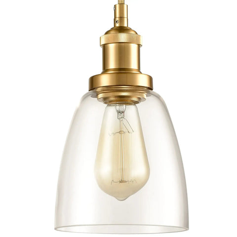 Gold Pendant Lights For Kitchen Island Three-Pack With Mini Bell Glass Shades, showing one industrial brass finish pendant