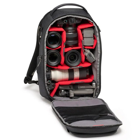 Frontloader M Pro Camera Backpack With Side And Front Access Tripod Mount showing open padded interior with camera gear