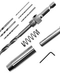 21-piece center drill bit set with hex key and replacement bits, chrome-plated steel.