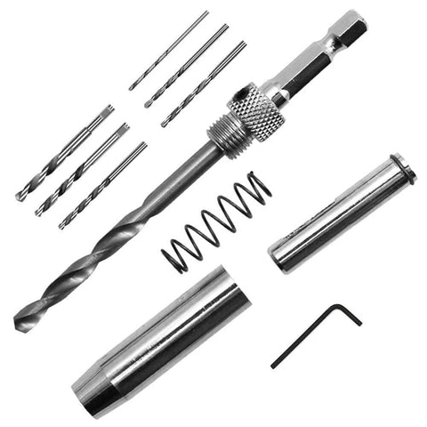 21-piece center drill bit set with hex key and replacement bits, chrome-plated steel.