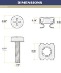 Dimensions of Top Tier M5 Rack Screws 50 Piece Set With Smooth Zinc Finish and every Cage Nut crown washer and pad.