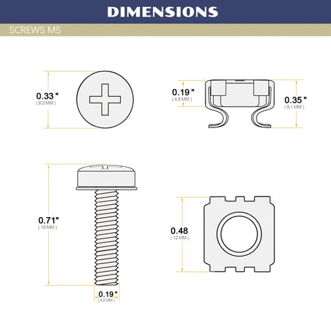 Dimensions of Top Tier M5 Rack Screws 50 Piece Set With Smooth Zinc Finish and every Cage Nut crown washer and pad.