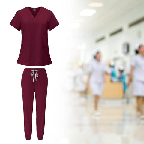 Red Scrub Set For Nurses And Spa Pros Top And Joggers Machine Washable Workwear Easy Care Durable Nursing Uniform